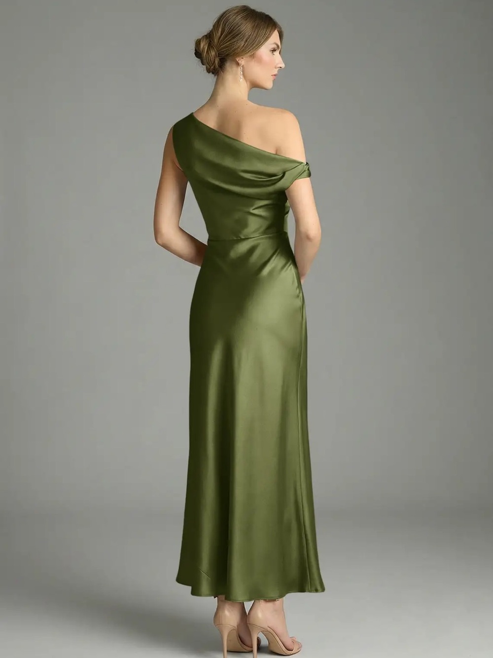 Azazie One-Shoulder Olive Satin Evening Gown - Picture 7 of 7